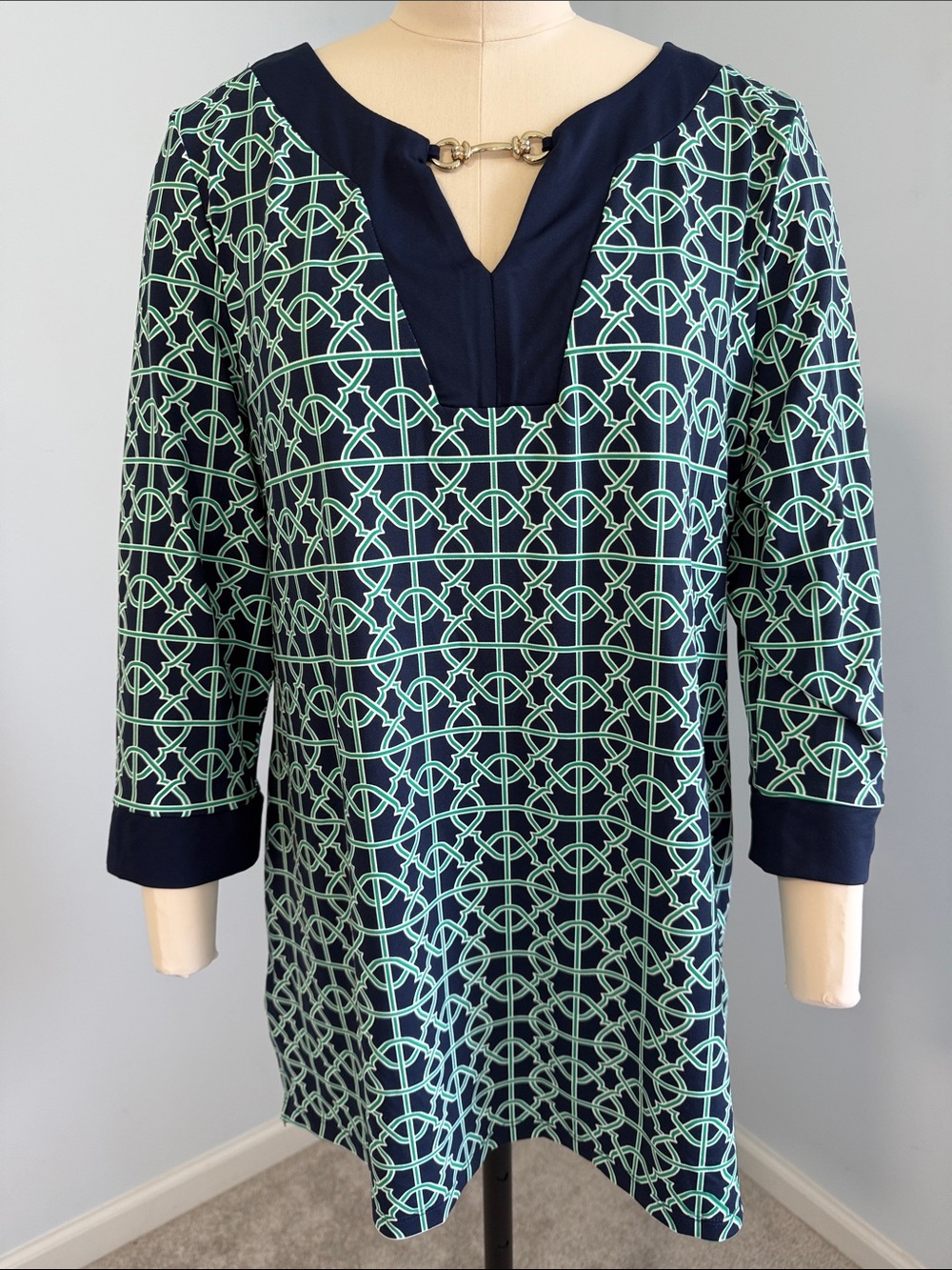 Charter Club Navy and Mint Geometric Print Tunic Top SZXL